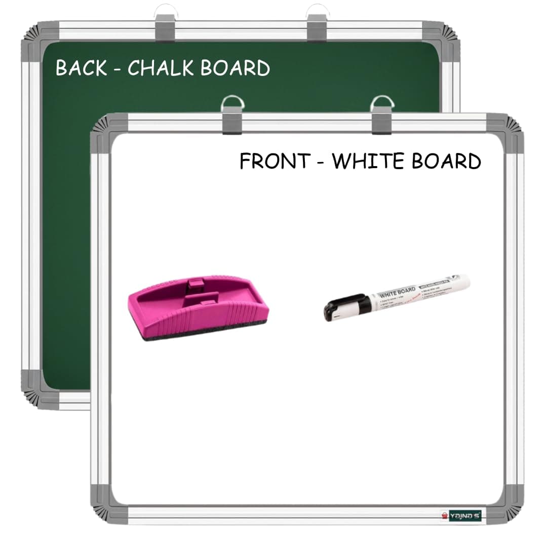 YAJNAS Melamine Non-Magnetic 2X2 Ft Double Sided Whiteboard & Chalkboard Board with 1 Marker & 1 Duster - Set of 3 Items