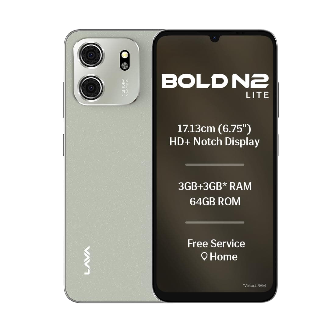 Lava Bold N2 Lite (Kolar Gold, 3 GB RAM, 64 GB Storage) | 6.75" HD+ Display | 13MP AI Dual Rear Camera | 5000 mAh Battery | Secure Face Unlock | Fingerprint Reader | Charger & Phone-Cover in Box