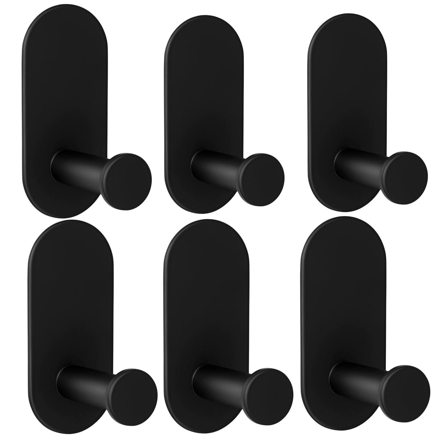 JIALTO 6 pcs Self-Adhesive Hooks: Heavy-Duty Waterproof Stainless Steel for Drilling-Free Wall Mounting - Ideal for Strong Coat, Kitchen, and Bathroom Towel Hanging (Rectangle Black Towel Hook)