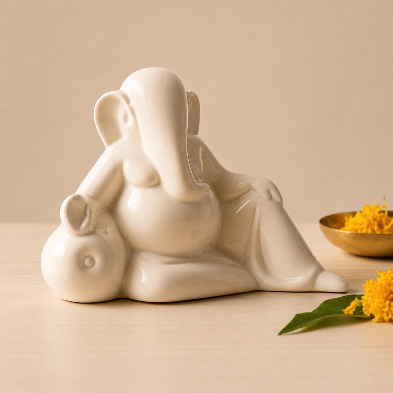 URBAN SENSE® Ceramic Ganesha Idol Rose Shape - 11CM | Decorative Ganesh Ji Murti for Car Dashboard, Home Decor, Figurine Decoration & Pooja