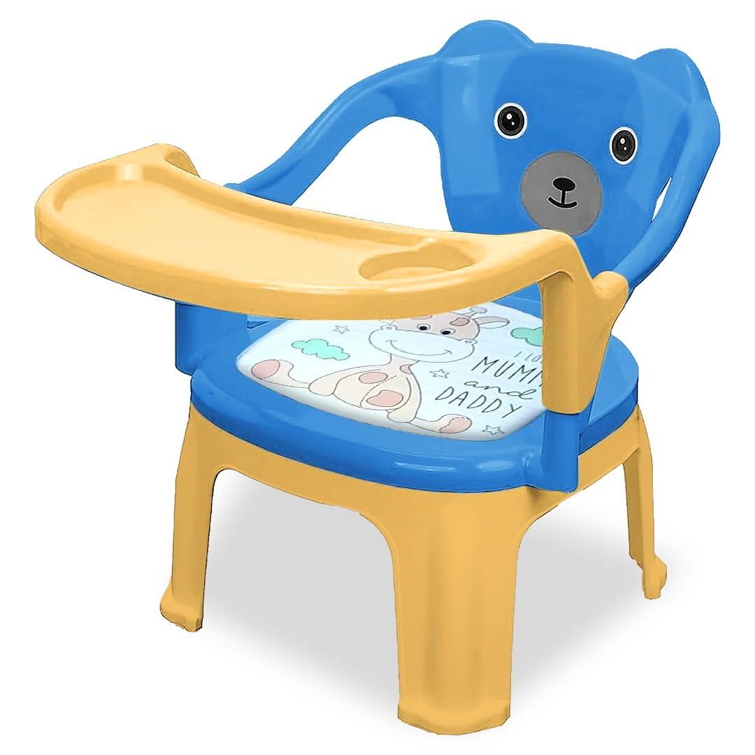 TONY STARK BABY Plastic Chu-Chu squeak sound Feeding Chair with Removable Tray || Soft Cushion Seat & High Backrest with Teddy Bear Design Study Table ||Strong and Portable Baby Chair for Kids, Toddlers, and Babies || 1-4 Years, Upto 25 Kgs - Blue & Yellow