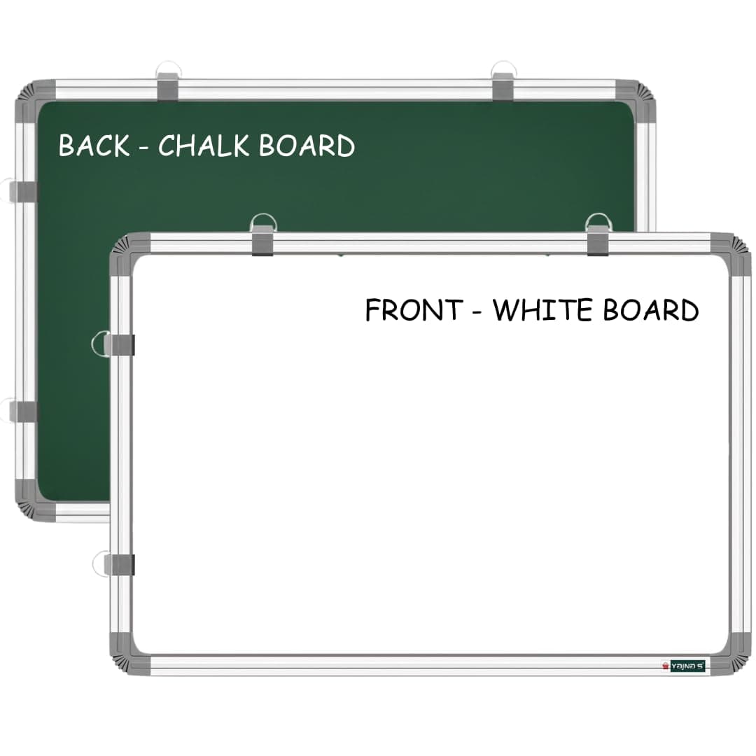 YAJNAS Non Magnetic (45CM x 60CM) 1.5X2 Feet Double Sided White Board and Chalk Board Both Side Writing Boards, one Side White Marker and Reverse Side Chalk Board Surface - Set of 1