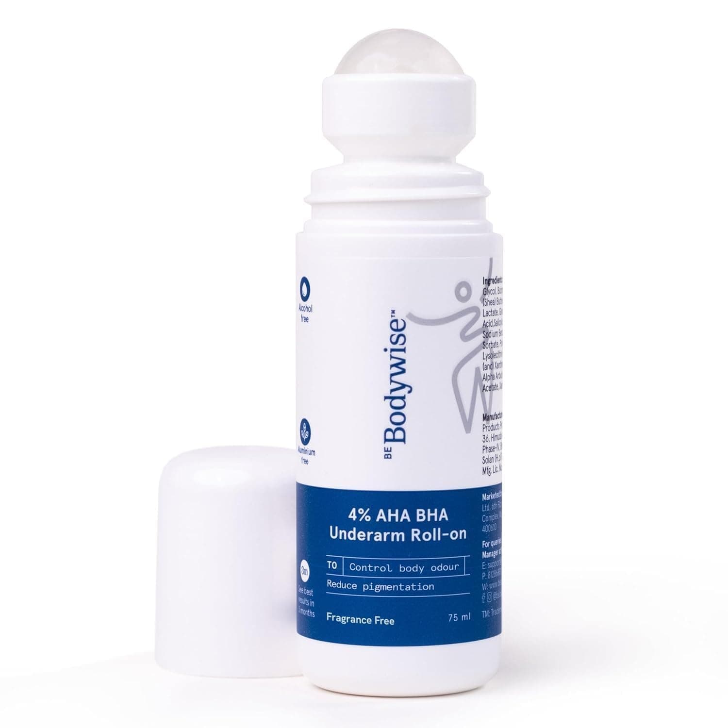 Be Bodywise 4% AHA BHA Underarm Roll on | Fragrance-Free | With 2% Lactic Acid, 1% Mandelic Acid, 1% Salicylic Acid | Prevents Odour, Reduces Pigmentation for even tone| For Radiant Underarms | Alcohol & Aluminium Free | Suitable for Sensitive Skin | 75ml