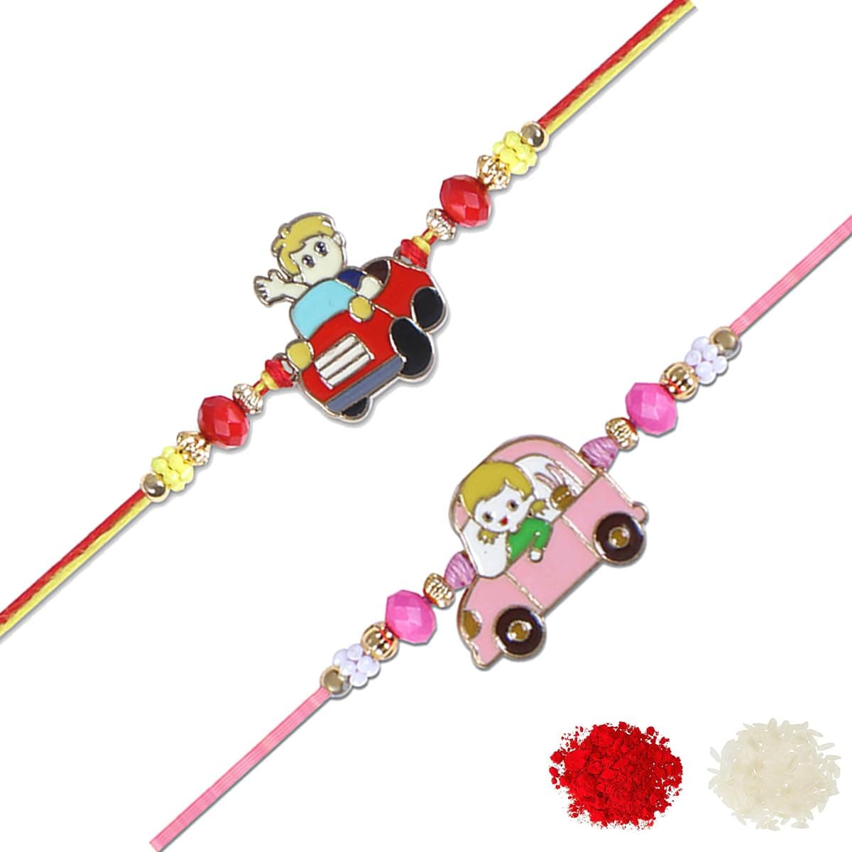 Riddhika Ventures Stylish Meenakari Red and Pink Kids Rakhi (Set of 2) Gifts for Brother, Sister with Roli Chawal and Greeting Card (P18P19)