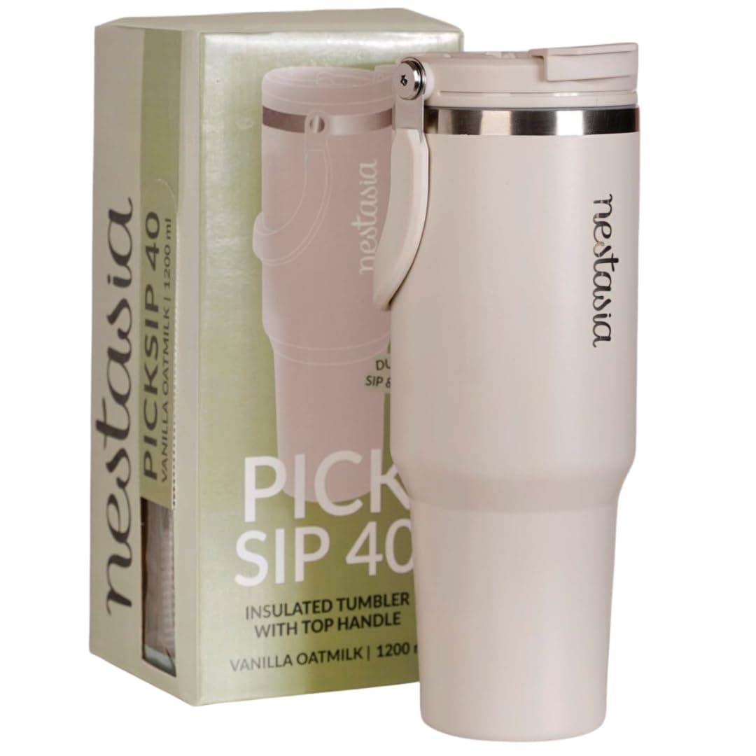 Nestasia PickSip40 Tumbler with Straw & Top Handle 1.2L | Insulated Stainless Steel Sipper Water Bottle for Adults with Dual Flip Opening Sip-Swig Leakproof Lid for Office & Gym (Vanilla Oatmilk)