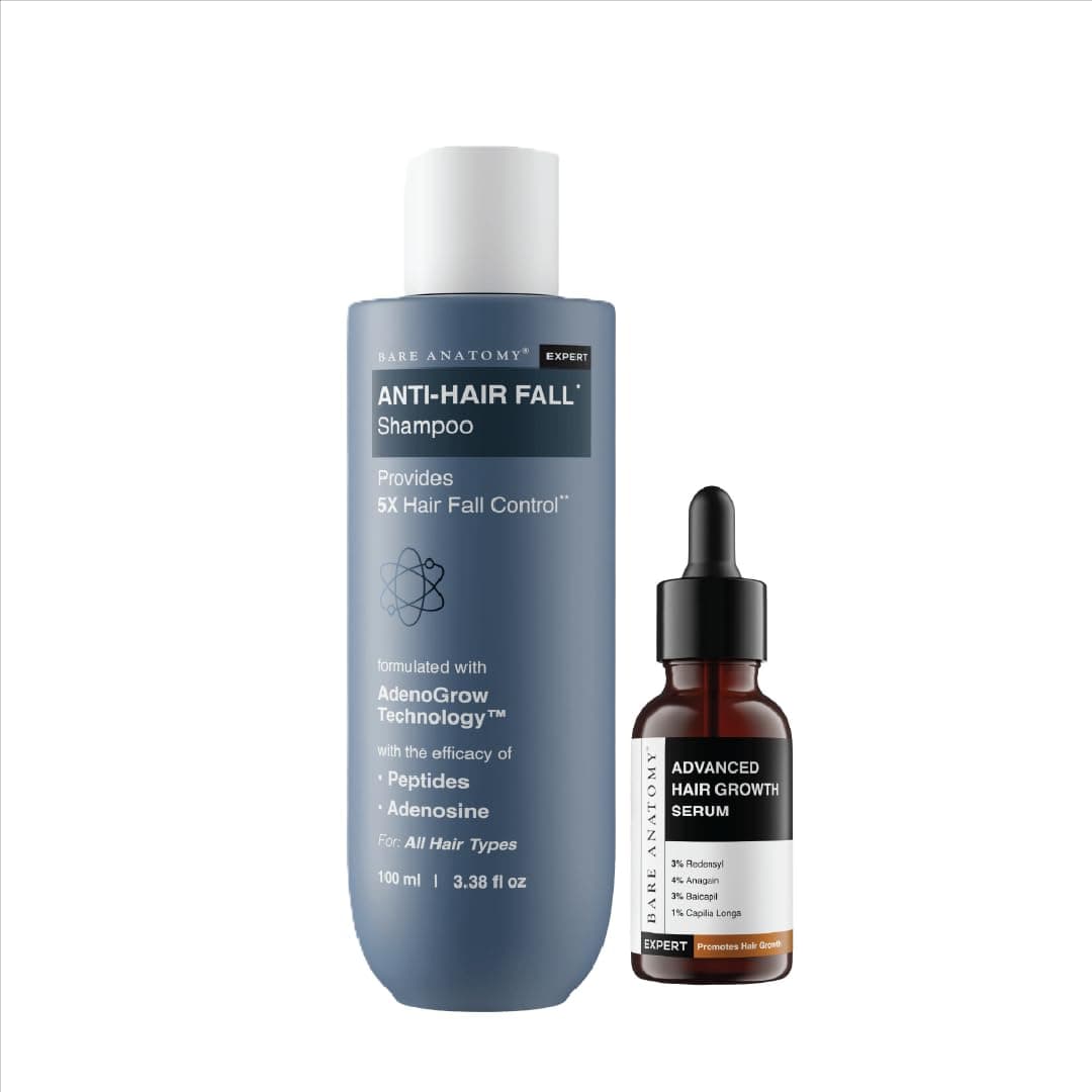 Bare Anatomy Expert Anti-Hair Fall Shampoo (100ml) & Advanced Hair Growth Serum (30ml) | Adenosine + Redensyl + Rice Water + Rosemary| Hair Growth & Hair Fall Control Combo for Women & Men