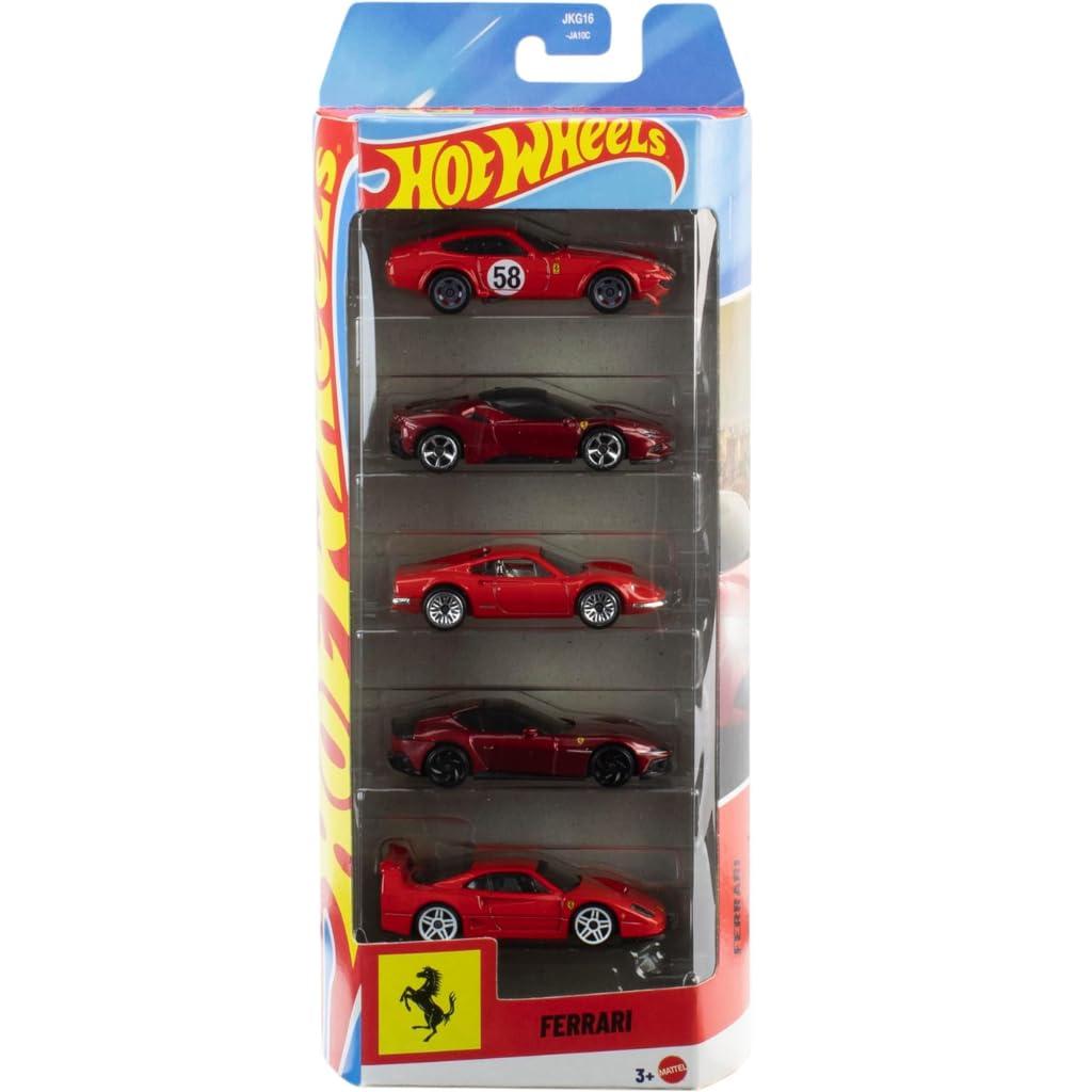 Hot Wheels Car 2026 Ferrari Pack of 5 (Dino 206 GT, SF90 Stradale, 365 GTB4 C, Money Gram Haas, 12 Cilindri F40 Competizione) Multi - Color