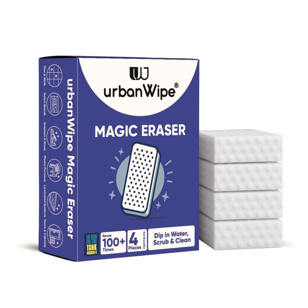 UrbanWipe Magic Eraser Cleaning Sponge | Pack of 4 | Powerful Multi-Purpose Stain Remover | No Chemicals Required | Effortlessly Cleans Walls, Kitchens, Bathrooms, Shoes, Switch Boards & More
