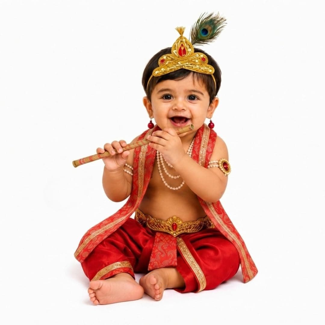 ITSMYCOSTUME Krishna Dress for Baby Boy Kids Set of 10(Dhoti,Patka,Hip Cover,Mukut,Morpankh,Bansuri,Kamarband,Bajuband,Kundal) Little Krishna Ji Kanha Janmasthmi Costume for Kids(Red)