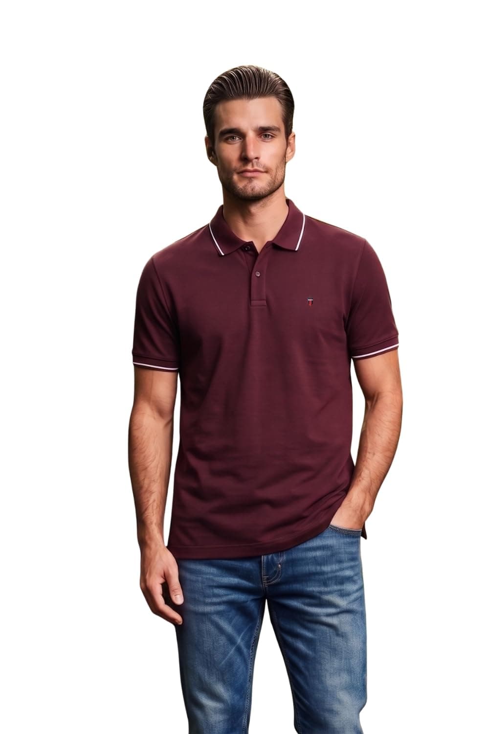 Louis Philippe Men Maroon Solid Polo Neck T-Shirt