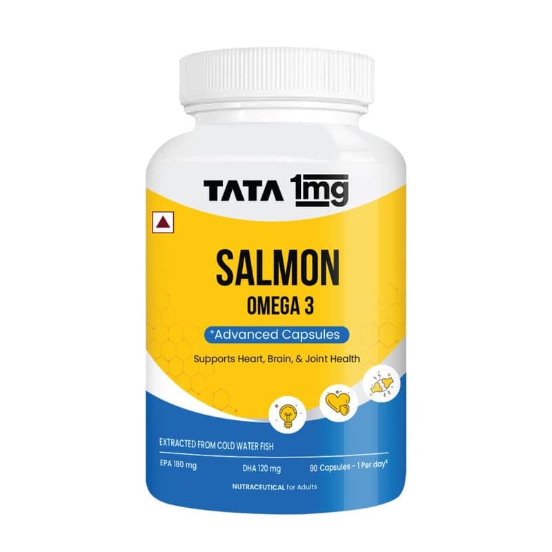 Tata 1mg Salmon Omega 3 Fish Oil Supplements 1000mg - 90 Capsules | Triglyceride form | 180mg EPA & 120mg DHA | High Absorption for Heart,Brain & Joints | Helps Manage Cholesterol