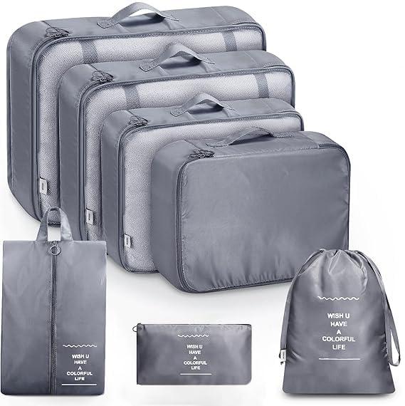 Lyrovo [UPDATED] 7pcs Travel Packing Cubes for clothes Laundry Toiletry Cosmetics Luggage Makeup Pouch Accessories Organizer Bag (Grey)