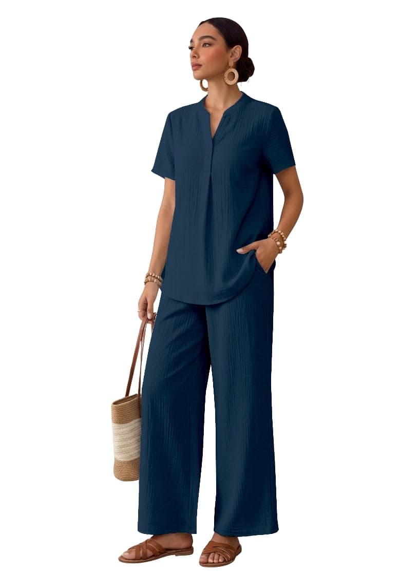 TOPLOT Women's Co-ord Set | Stylish Matching Top & Bottom Set | Notch Neckline with Button Detail | Loose-Fit, Short-Sleeve Top with a Relaxed Silhouette |Ideal for Casual (Pop-Coord-5250-Teal-XL)