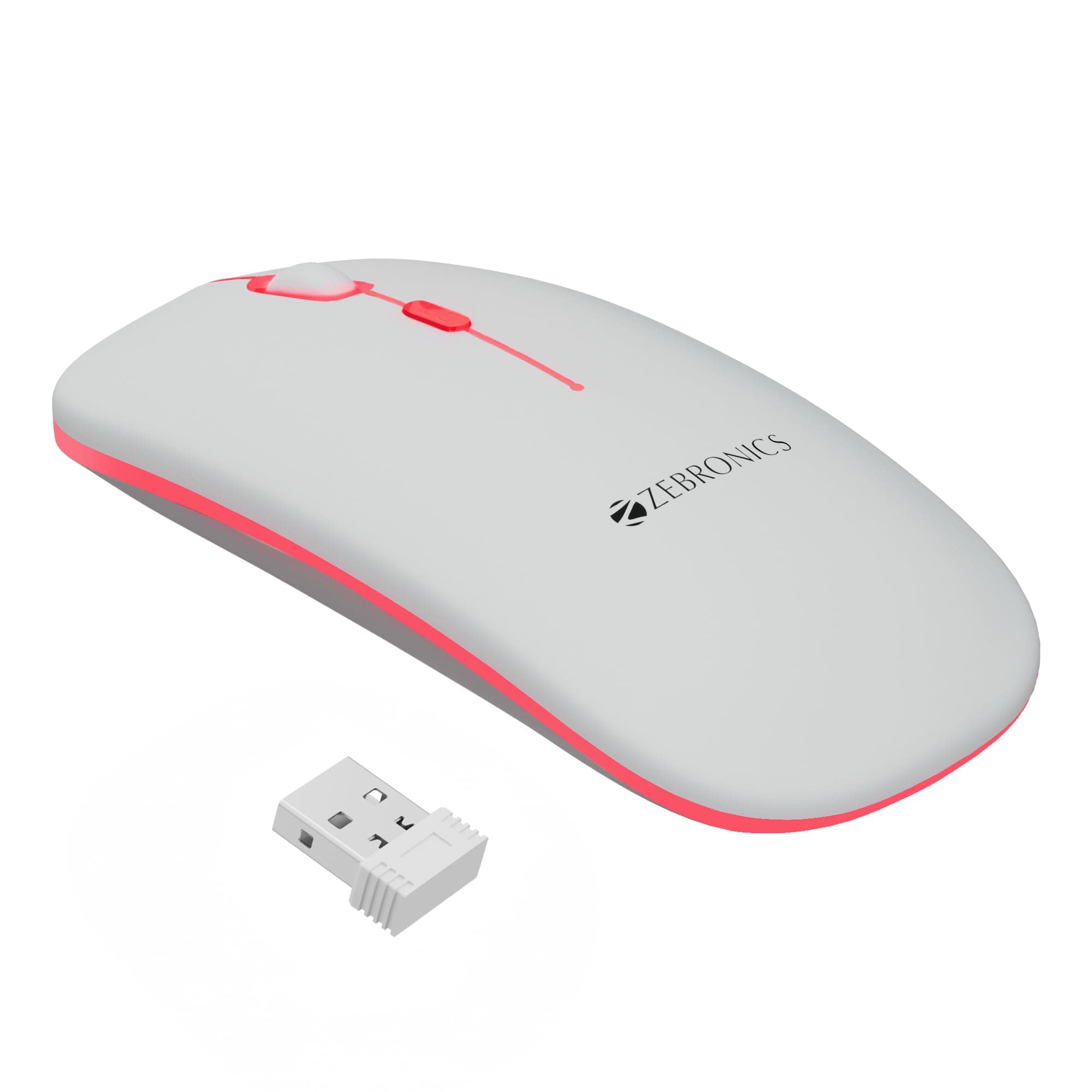 Zebronics Wireless Mouse, Dual Mode 2.4GHz + BT, Up to 1600 DPI, USB Nano Receiver, Lightweight Design, Multicolor LED Lights, Rechargeable Battery (Blanc, White)