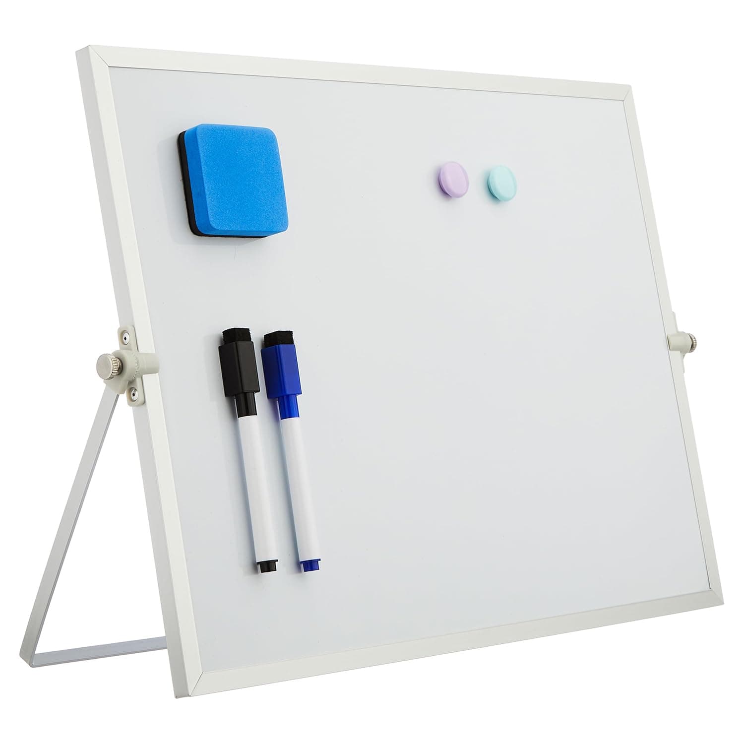 Amazon Brand - Solimo Dry Erase Double-Sided White Board with 360° Rotating Adjustable Stand | Aluminium Frame | Accessories Included | Portable (30 x 40 cm)