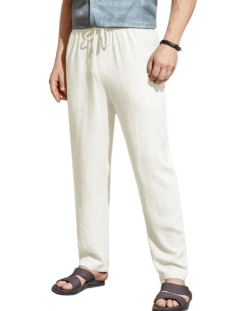 TOPLOT Men's Premium Casual Trousers | Relexed Straight Fit Cotton Linen Pant | Elastic Waist with Drawstring Track Pants | Comfortable Textured Fabric | Everyday, Travel & Holiday Wear(5268-O.WHT-30)