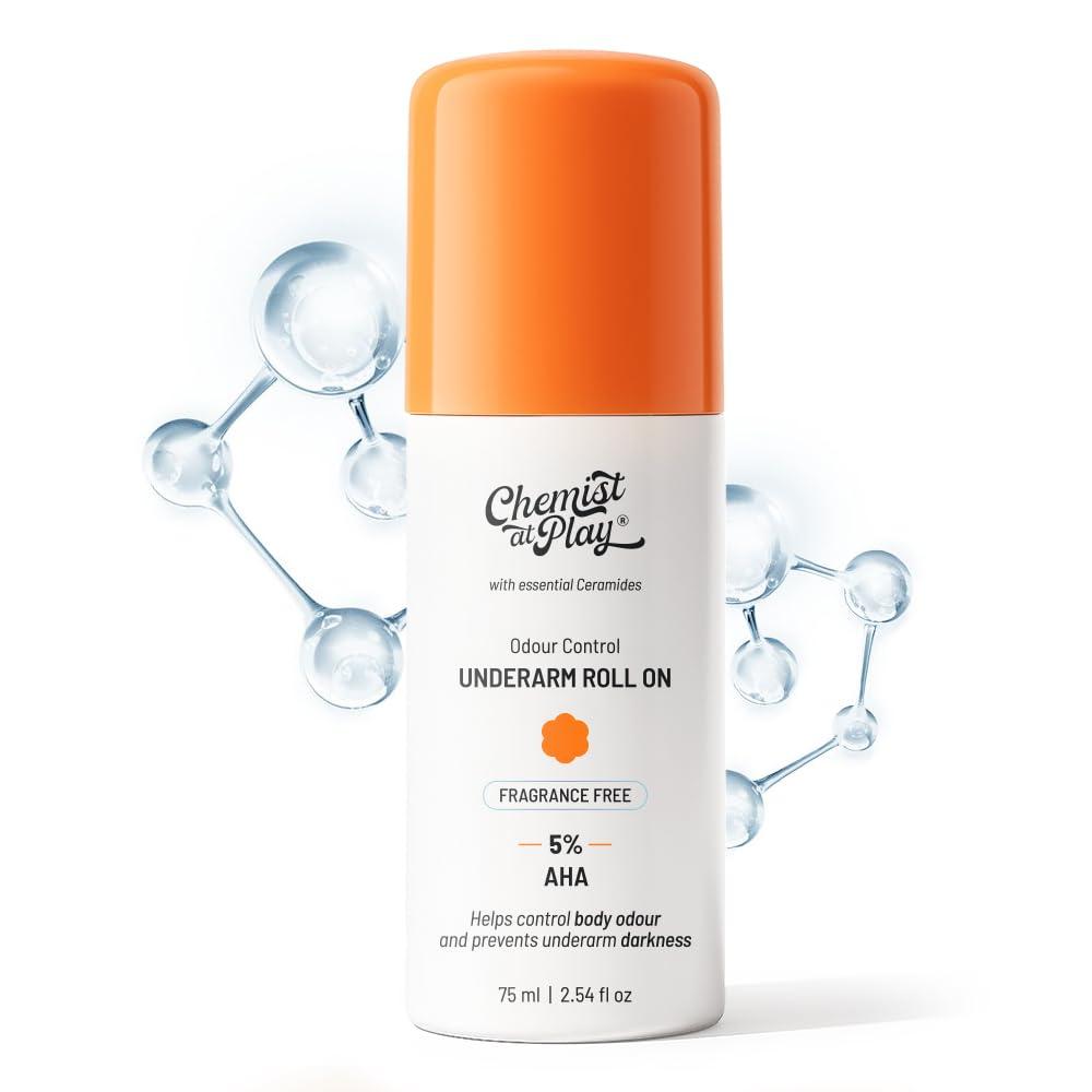 Chemist At Play UnderArm Roll On Deodorant with 5% AHA, Lactic Acid & 1% Mandelic Acid | Prevents Body Odour & Fades Pigmentation |0% Aluminium & 0% Alcohol |For Sensitive Skin | Fragrance Free | 75ml