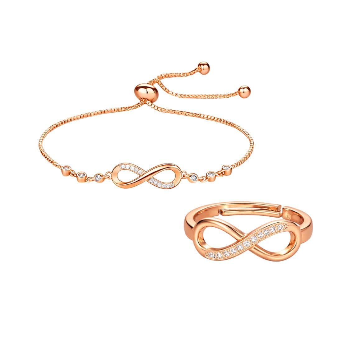 Nilu's Collection Infinity Shape Cubic Zirconia Diamond Bracelet for Women Jewelry for Gift, Adjustable Charm Bracelet (rose gold ring and braceler)