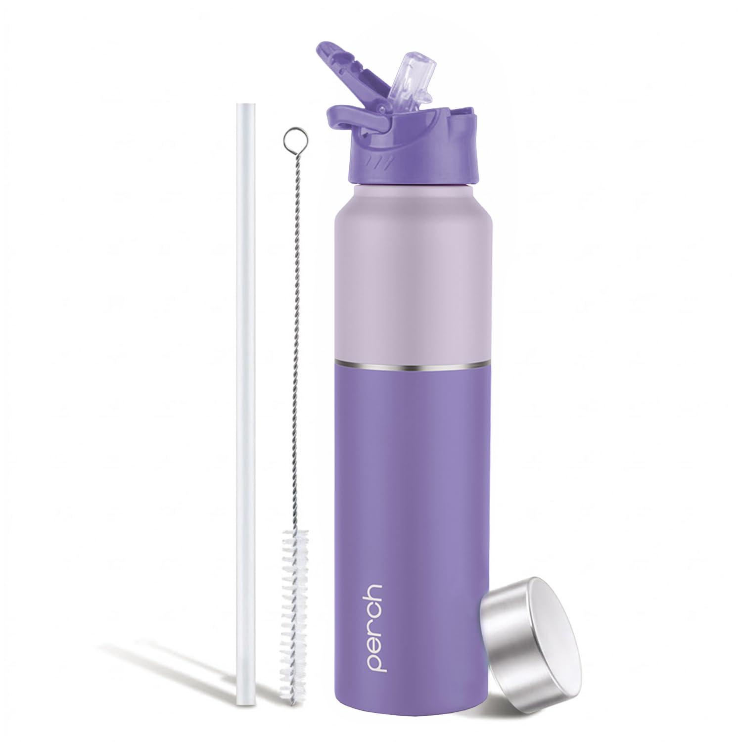 Perch by Pexpo Magic Water Bottle 1L Stainless Steel Sipper with Dual Cap & Straw Cleaner | Single Wall Fridge Bottle | For Home, School, Office, Gym, Travelling | Lightweight | BPA Free | Purple