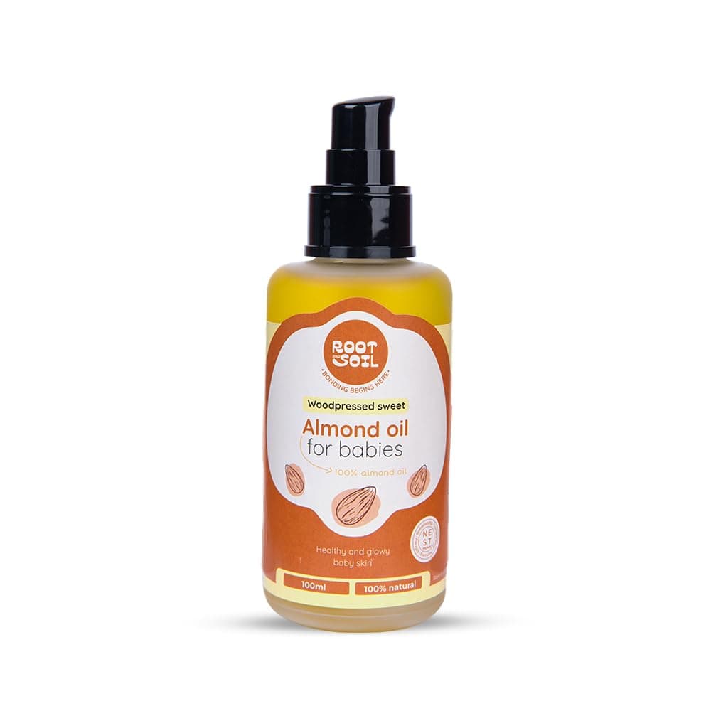 ROOT and SOIL Wood-Pressed Sweet Almond Oil for Babies - 100 ML, 0+ Months, 100% Almond Oil | Wood-Pressed | Newborn & infant friendly | Baby massage oil | 100% Pure Almond oil | No Preservative