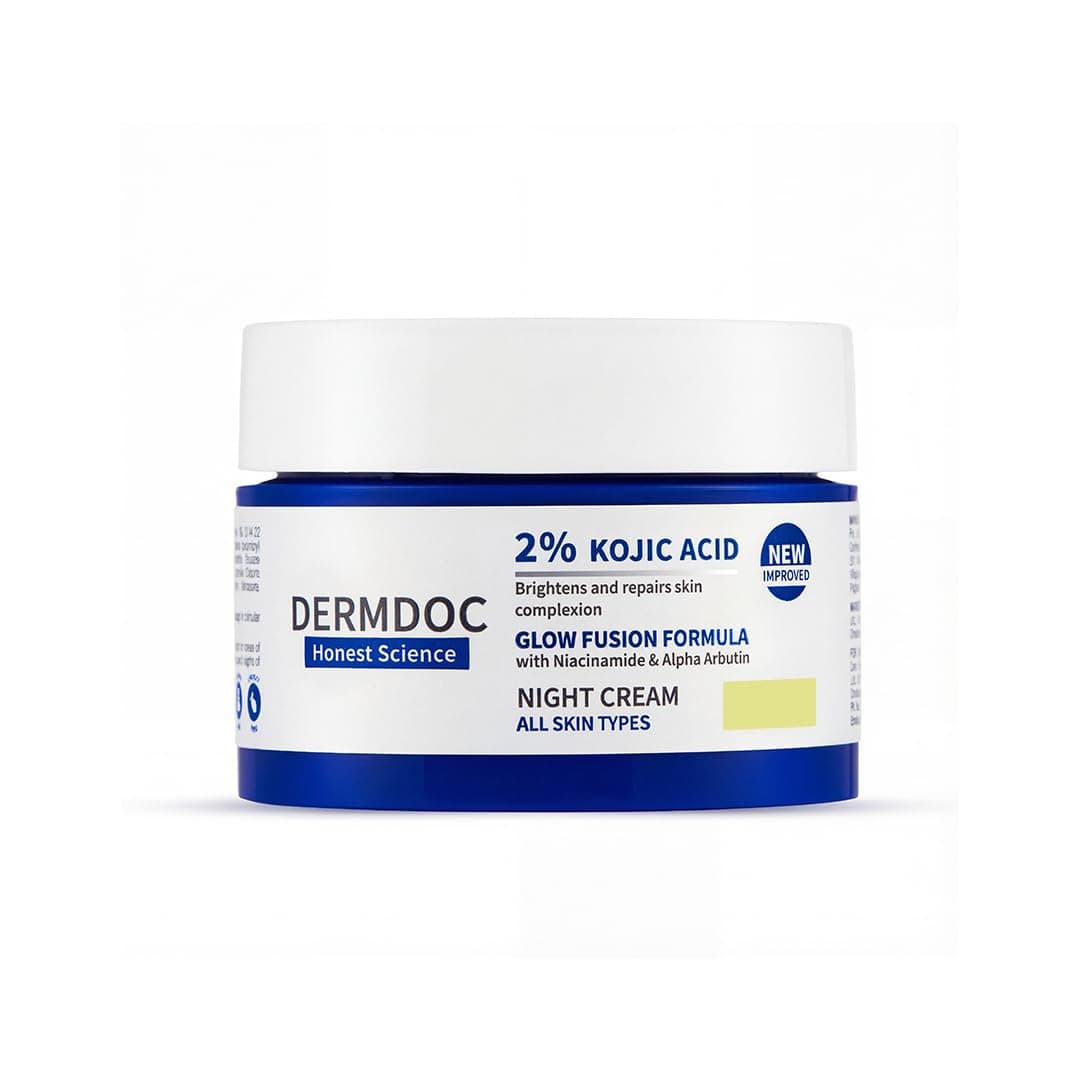 DERMDOC 2% Kojic Acid Glow Fusion Formula Night Cream, 25g | Niacinamide & Alpha Arbutin | Skin Brightening Face Cream | Reduces Dark Spots & Pigmentation | Even & Glowing Skin | Minimizes Pores