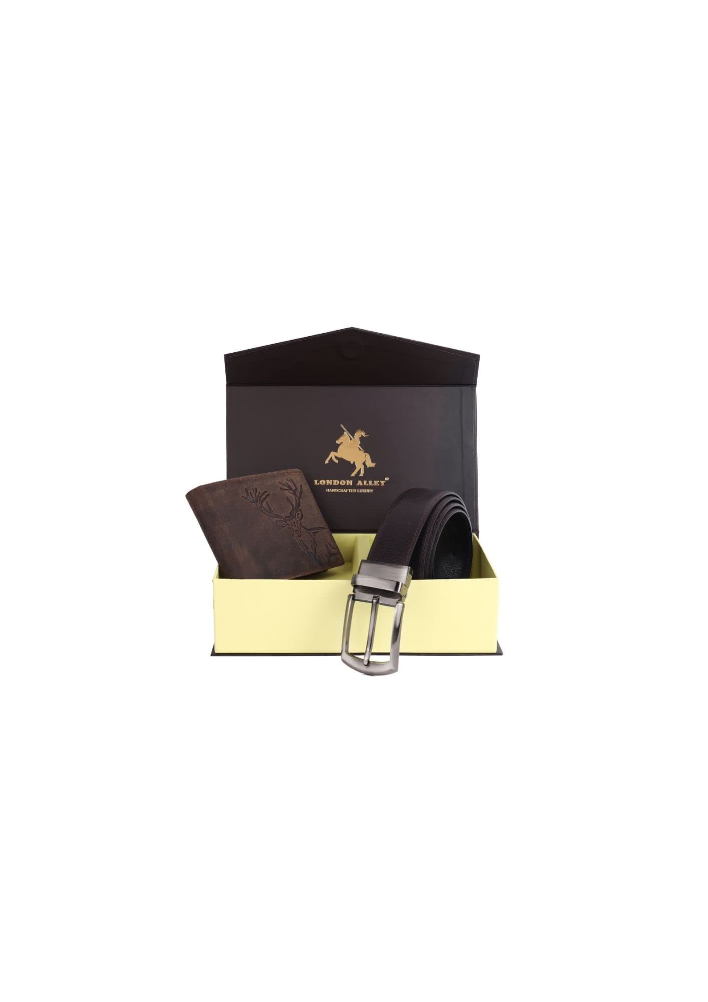LONDON ALLEY ELK Vintage Brown Leather Wallet & Black/Brown Reversible Belt Combo Gift Box for Men