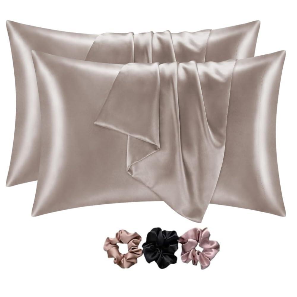 GO WELL Solid Satin Silk Pillow Covers Pack of 2 for Hair and Skin-with Satin Scrunchies |Satin Pillow coves for Hair and Skin|scrunchies for Women 3-Piece|Silk Pillow case (NewRose) 600TC