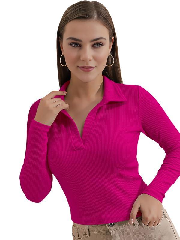 Dream Beauty Fashion Women’s Slim Fit Western T-Shirt – Solid Button Down Collared Neck Top with Puff Sleeves for Casual & Formal Wear (Apple-01-Rani Pink-S)