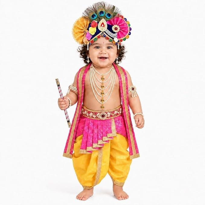 CHIKLOO Krishna Dress for Kids with Costume Kit | Shri Krishna Dress for Baby Boy & Girl with Mukut, Mor Pankh, Kundal & Flute | Bal Gopal Kanha Costume for Janmashtami & Fancy Dress