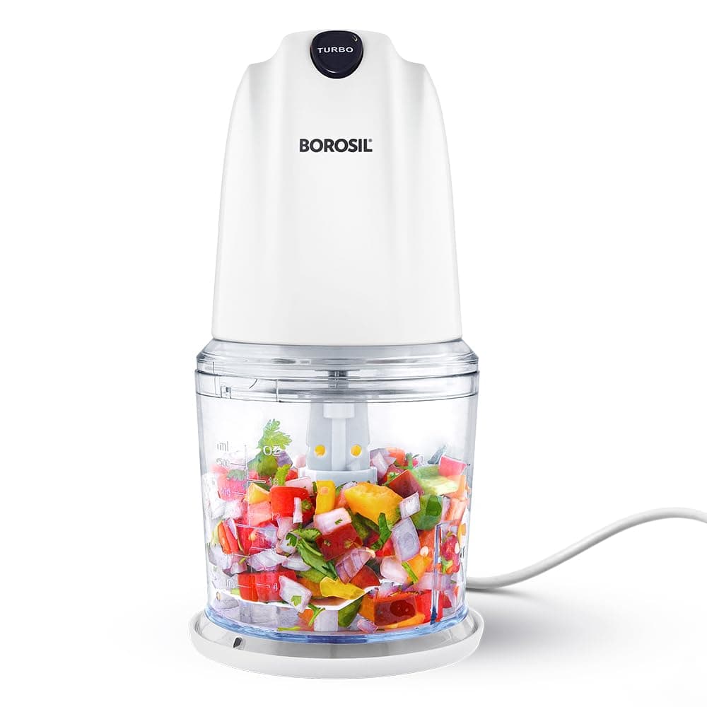 Borosil Chef Delite 260 Watts Electric Chopper for Kitchen, Twin Blade Technology, 500 ml 'chop-n-store' plastic bowl with lid, Vegetable Chopper, Cutter, Chop, Mince, Dice, Whisk, Blend, Transparent