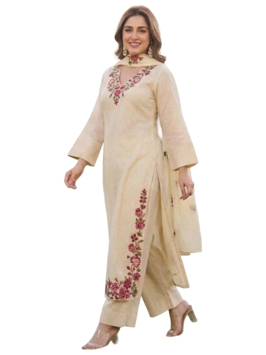 ANNI Designer Women's Viscose Blend Straight Embroidered Kurta with Palazzo and Dupatta (MUKTA Cream_3XL_Cream_XXX-Large)