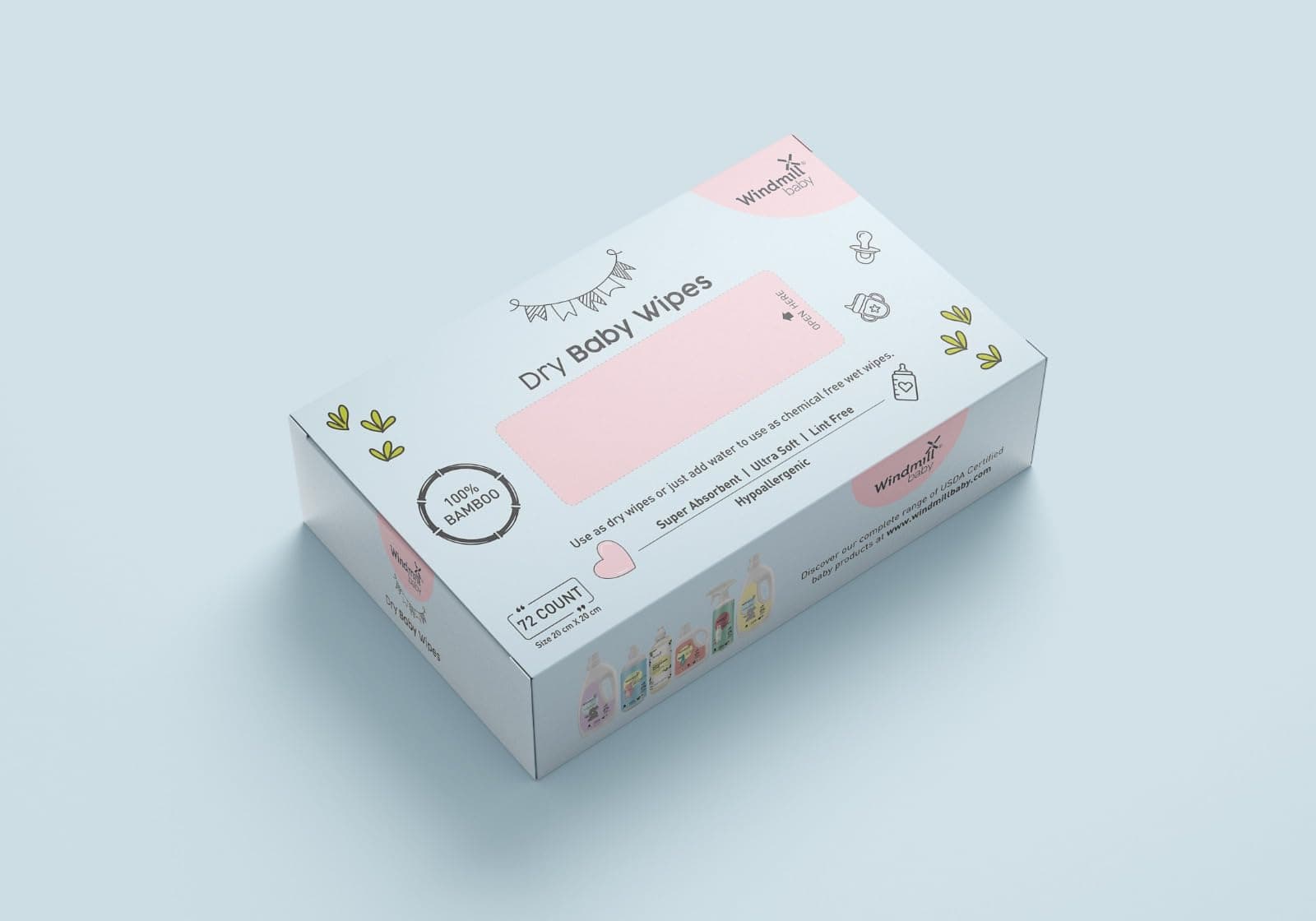 Windmill baby Natural Dry Baby Wipes, 100% Hypoallergenic Chemical Free Wipes, Fragrance Free, for rash free diapering, perfect for newborns, 20cm x 20cm - Pack of 1 (72 wipes)