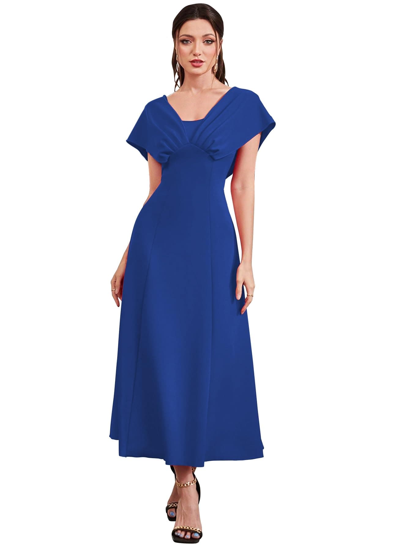 Shasmi Women’s & Girl's Royal Blue Solid A-Line Maxi Dress | V-Neck Pleated Bodice | Cap Batwing Sleeves | Fit & Flare Evening Gown (Dress 274 Royal Blue-2XL)