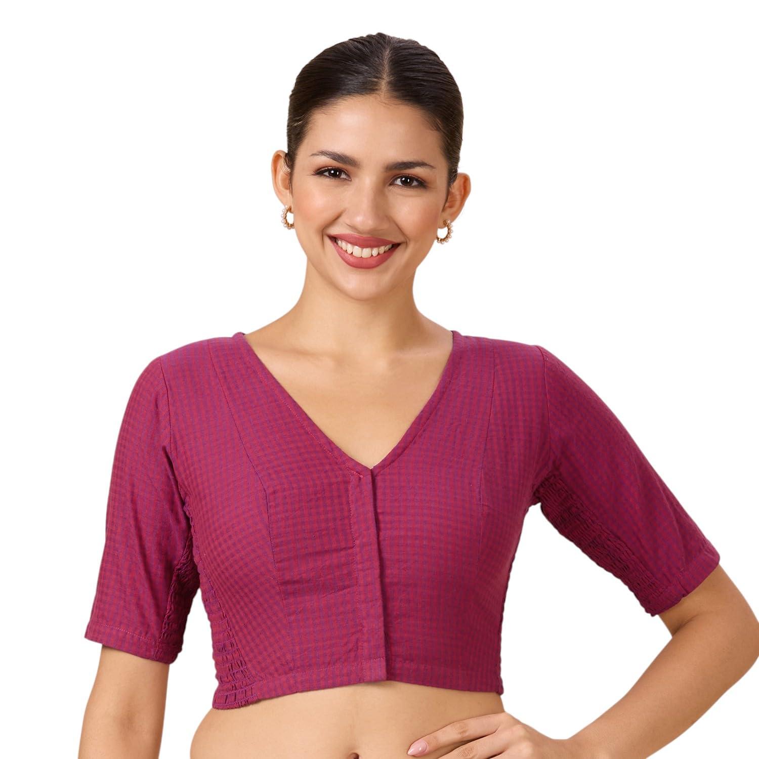 Studio Shringaar Women's Cotton Madras Checks Saree Blouse with Stretchable Sides(Pink, 50)
