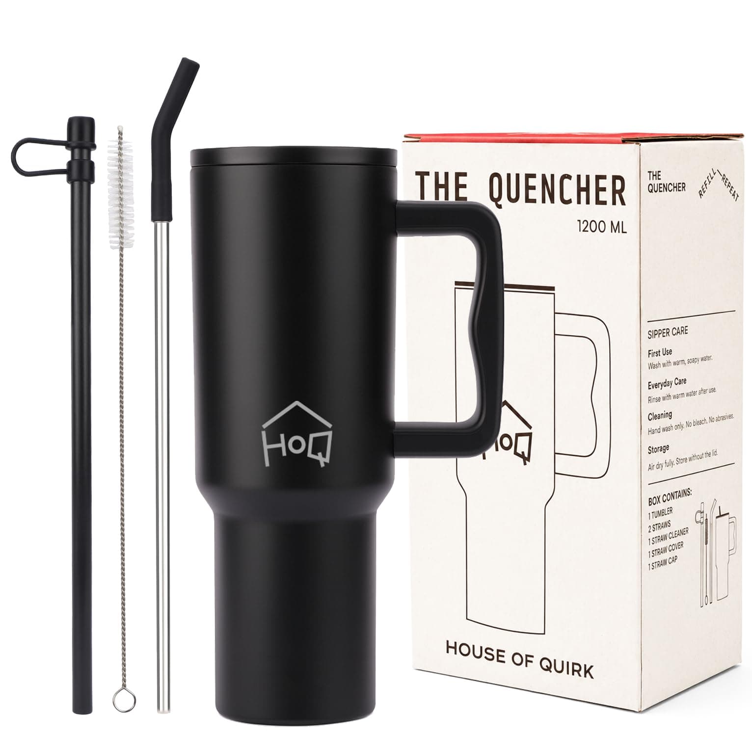 House of Quirk 1200ML Stainless Steel Tumbler with Handle & Lid, 2 Straws – Large Travel Mug Water Cup for Gym, Office & Outdoor Use (Black)