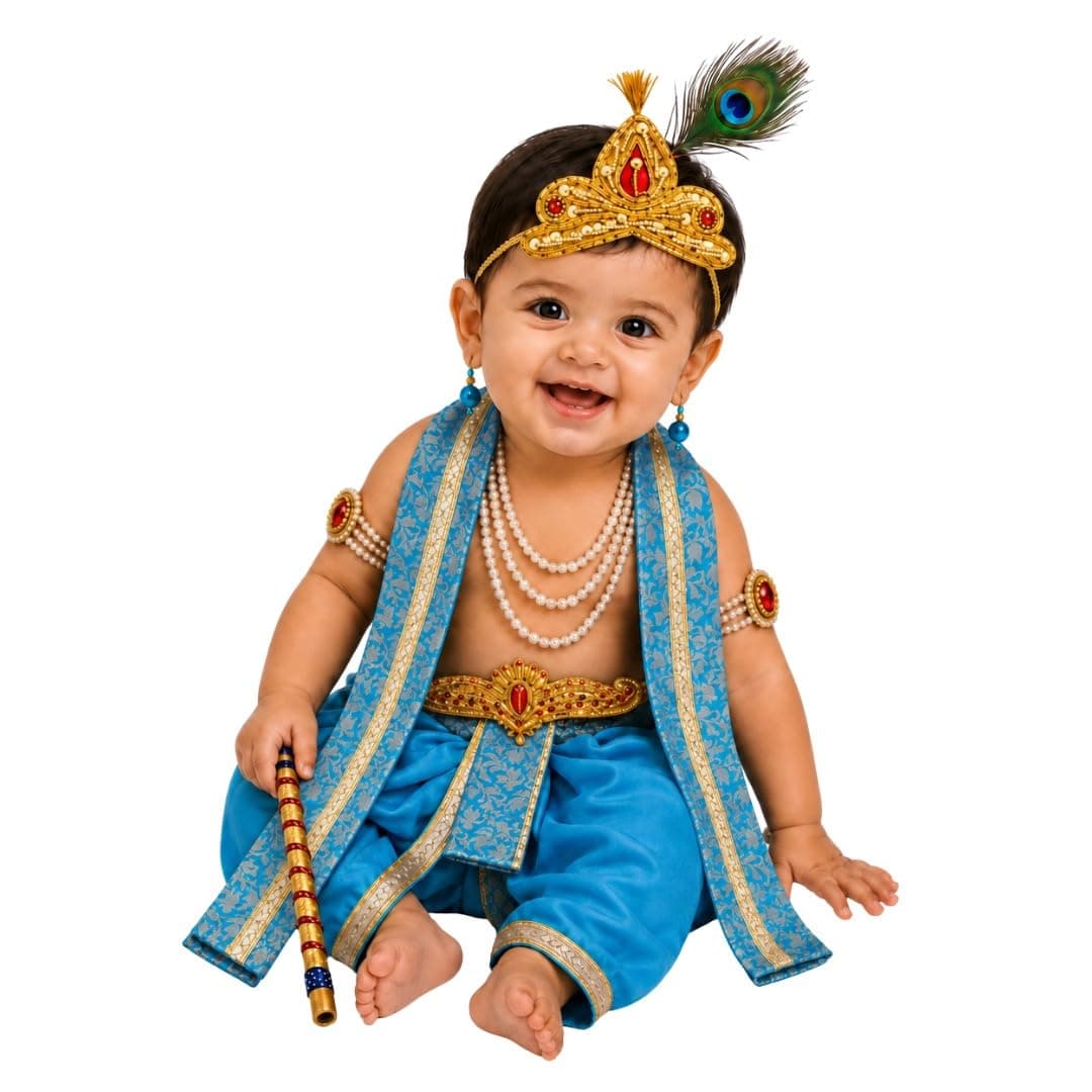 ITSMYCOSTUME Krishna Dress for Baby Boy Kids Set of 10(Dhoti,Patka,Hip Cover,Mukut,Morpankh,Bansuri,Kamarband,Bajuband,Kundal) Little Krishna Ji Kanha Janmasthmi Costume for Kids(Turquoise)