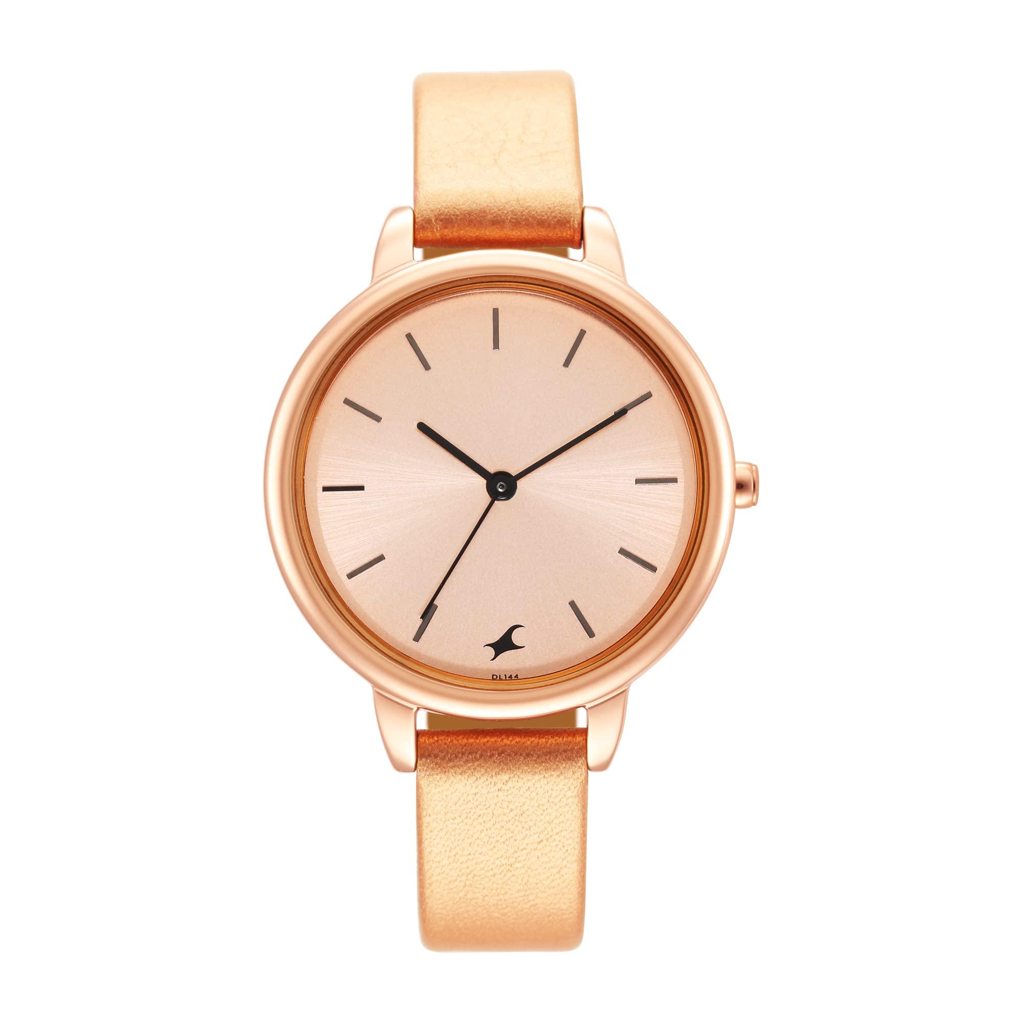 Fastrack Glitch Quartz Analog Rose Gold Dial Peach Leather Strap Watch for Girls - NT6234WL01