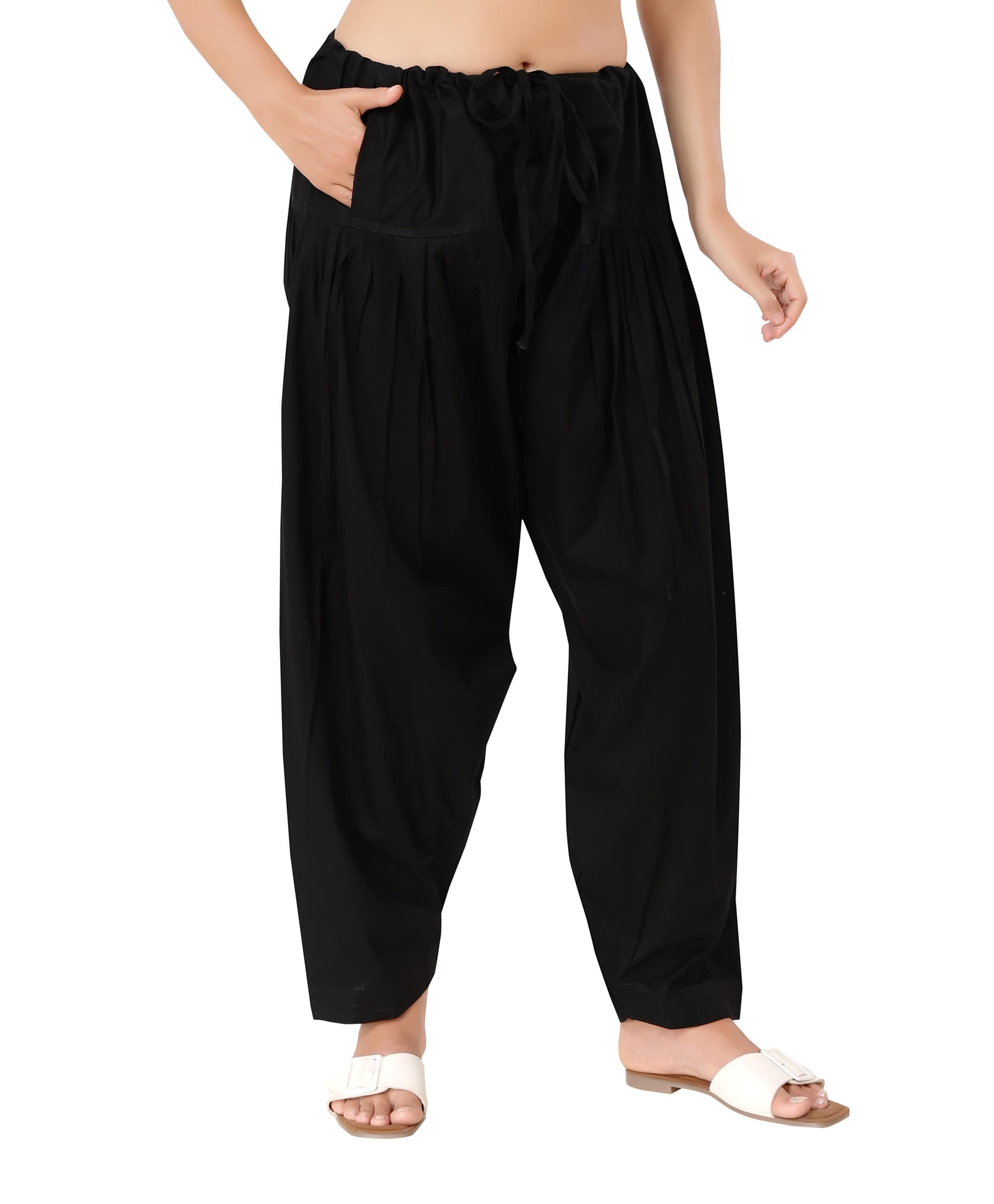 TRASA Semi Patiala Salwar Cotton One Side Pocket Traditional Indian Bottomwear Pant - Free Size Fit up to XXL - Black