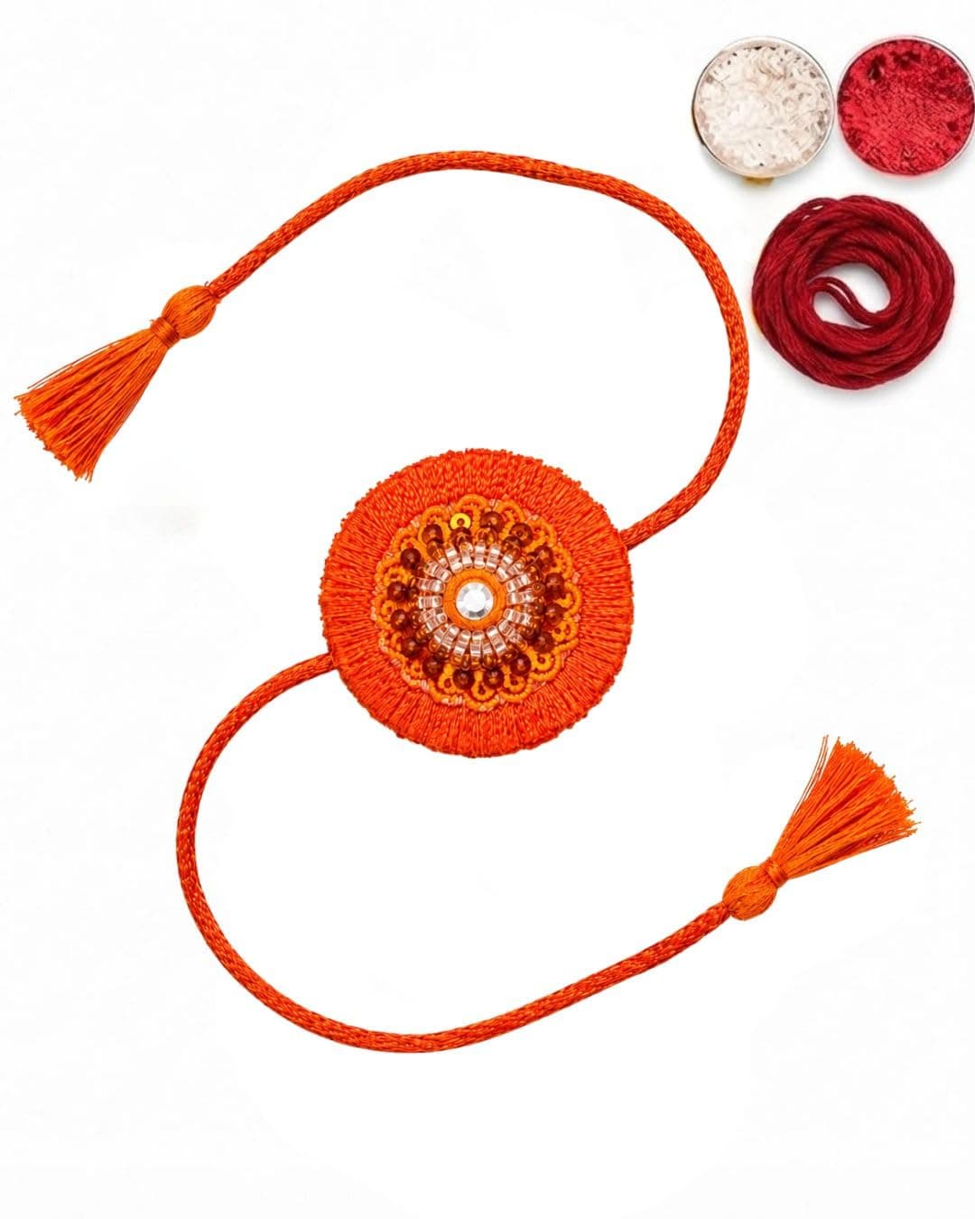 Traditional Handmade Rakhi for Brother - Embroidered Designer with Roli, Tikka, Chawal & Kalawa | Luxury Raksha Bandhan Gift (Pack of 1) (Padma_Orange_01)