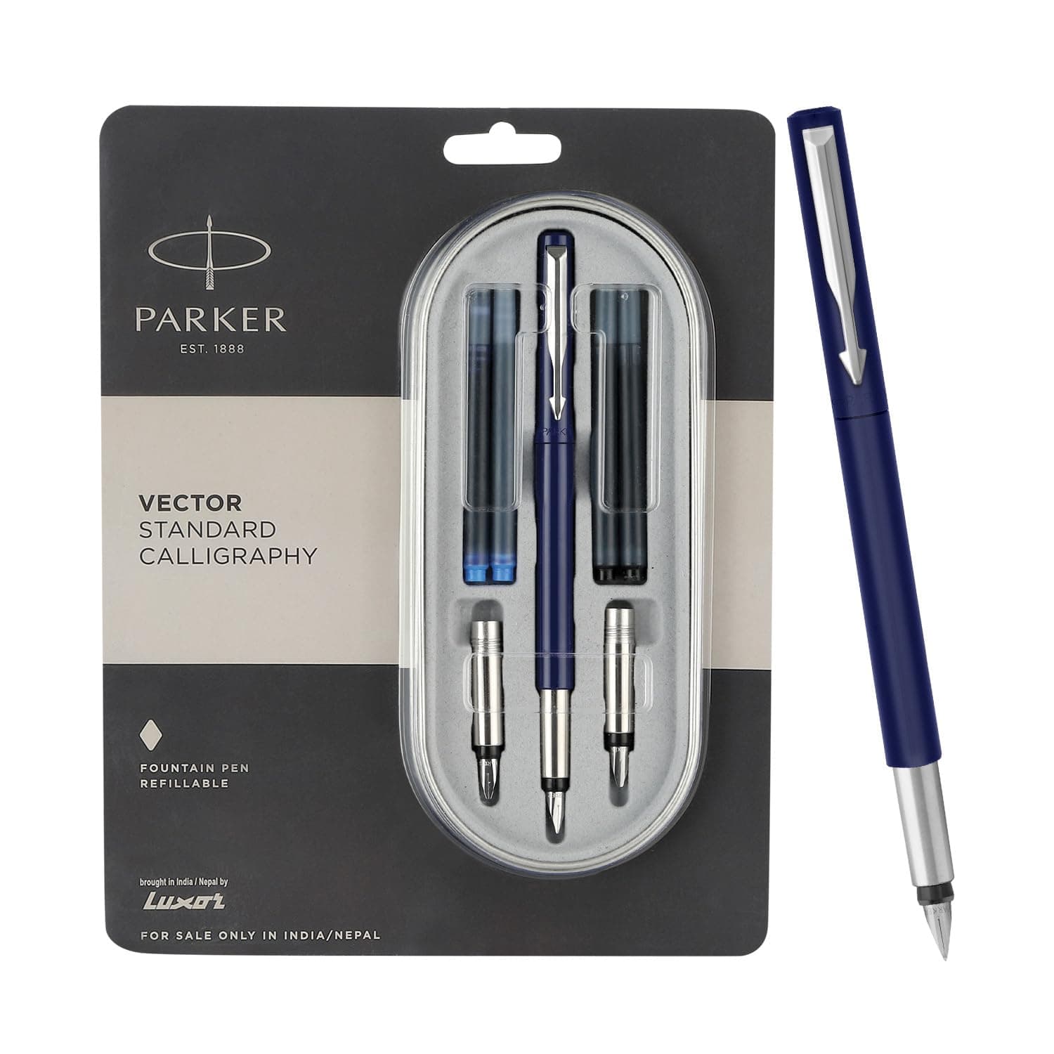 Parker Vector Standard Chrome Trim Calligraphy Fountain Pen | 7-Piece Set containts 2 Nibs, 2 Blue & 2 Black Ink Cartridges | Ideal for Creative Writing & Fine Detailing