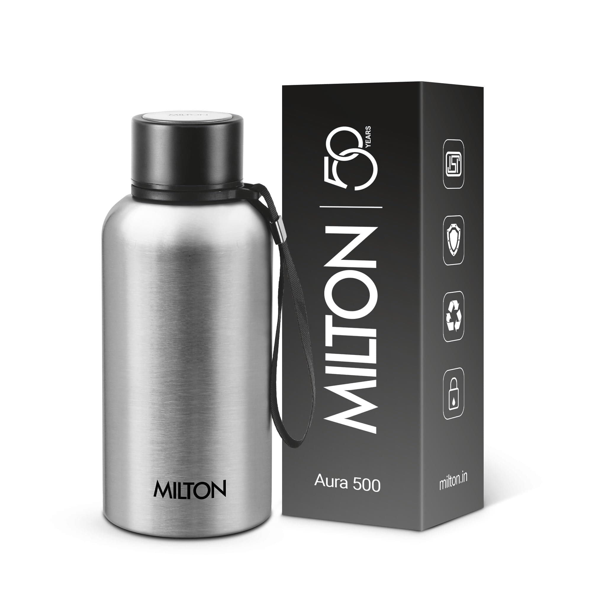 Milton Aura 500 Thermosteel Water Bottle 500 ml, 24 Hr Hot and Cold I Leak Proof Lid, ISI Certified I Vacuum Insulated I for Office, Gym, School I Silver