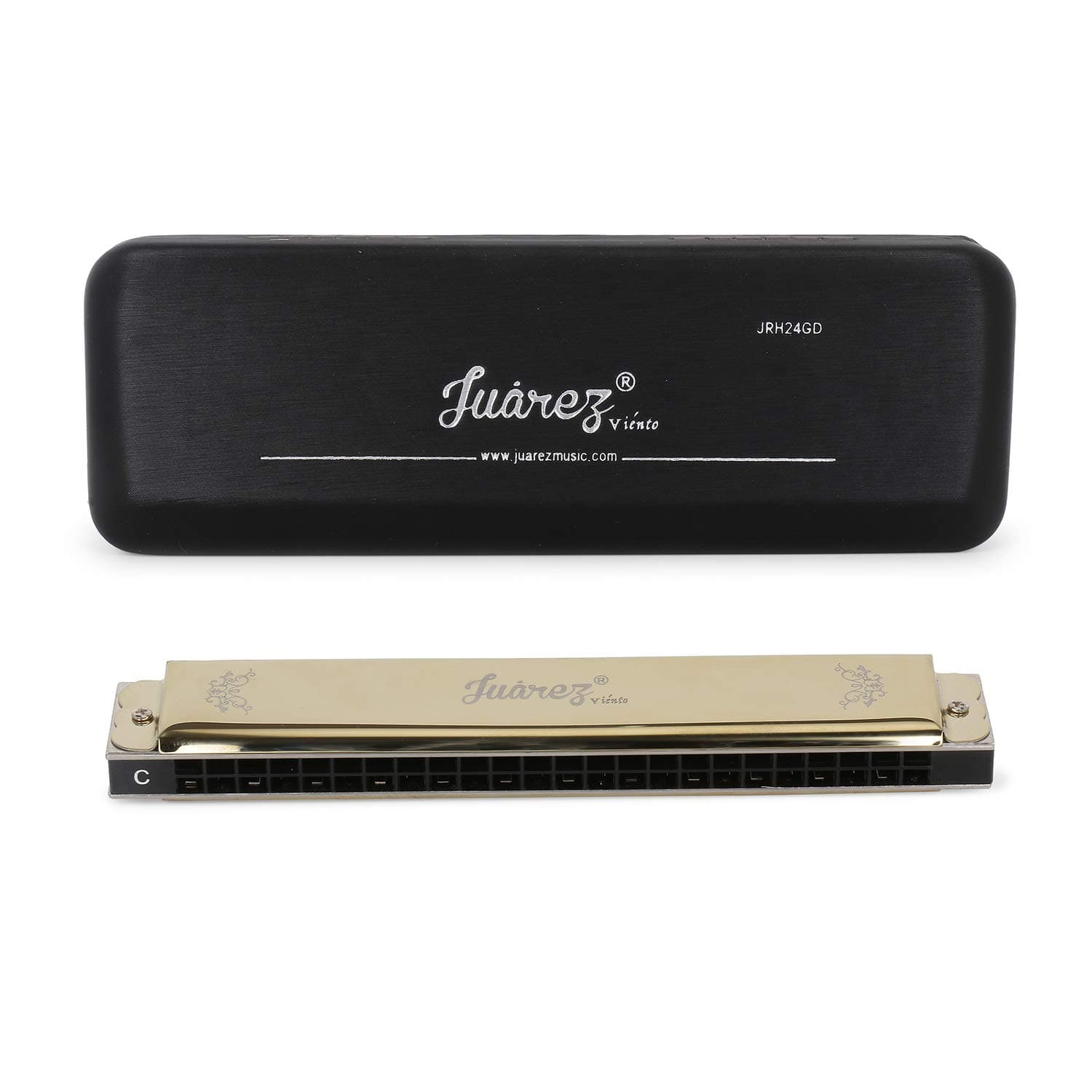 JUAREZ JRH24GD 24 Holes Harmonica Key Of C Scale | Mouth Organ | Cover - Stainless Iron | Comb - Abs | Reed – Phosphor Bronze With Cloth & Case