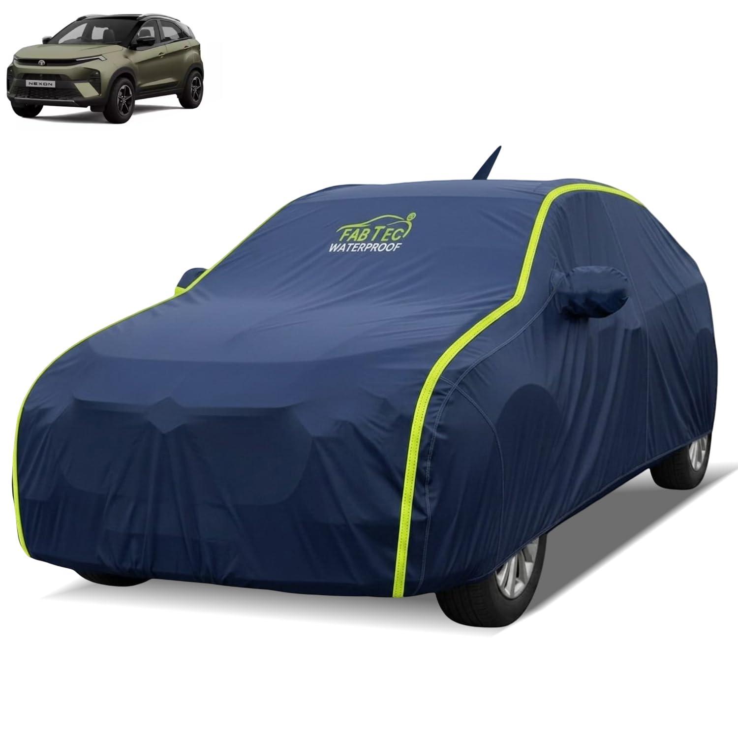 FABTEC Waterproof Car Body Cover for Tata Nexon New Outdoor/Indoor All Weather Protection with Mirror & Antenna Pocket Triple Stitched (Premium Navy Blue with Neon Piping)