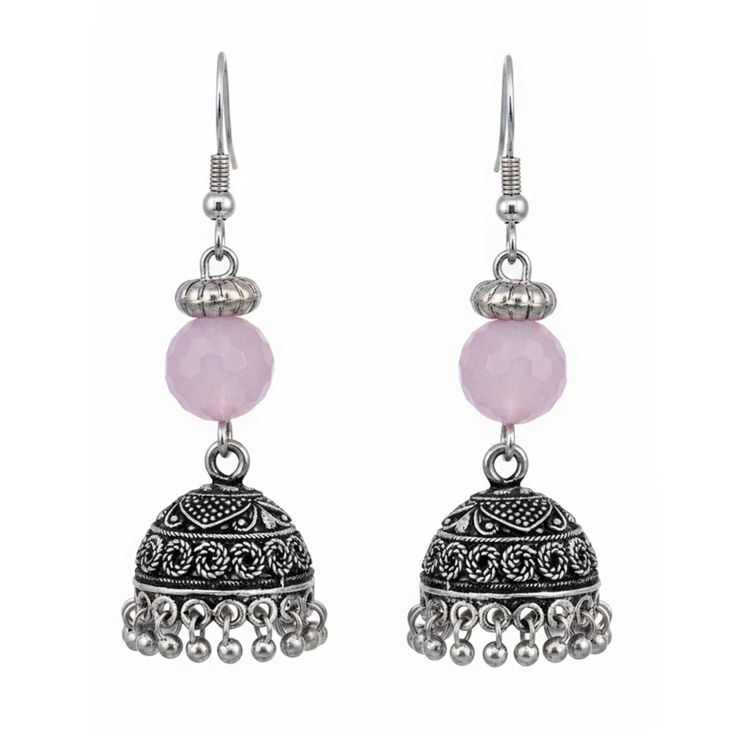 SAROJINI TO COLABA BY EVERSTYLISH Oxidised Earrings for Women | Antique Emerald Embellished Jhumka Style | Festive Ethnic Jewelry (Lavender)