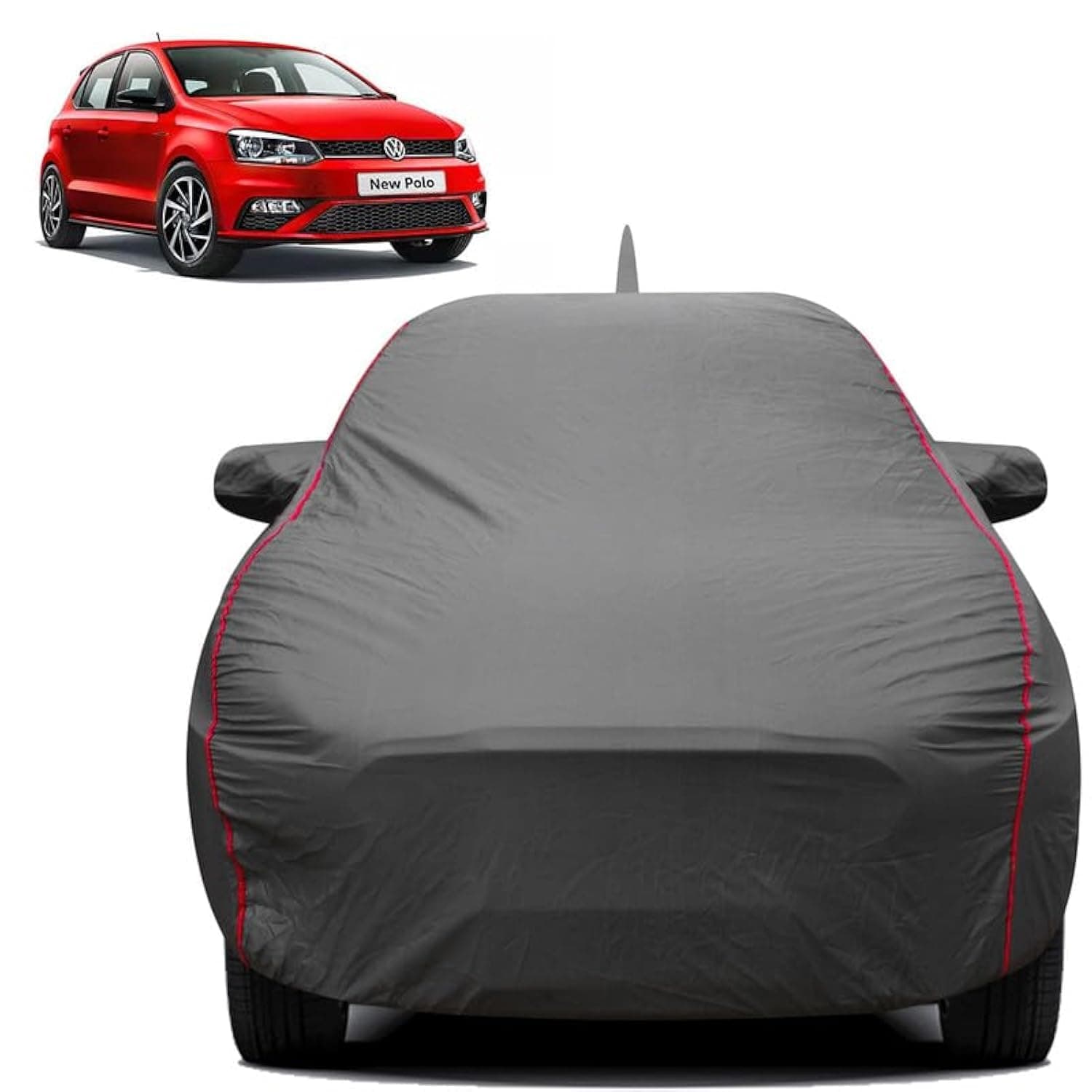 FABTEC Waterproof Premium Car Cover for Volkswagen Polo Super Waterproof Car Body Cover Heavy Duty Durable PEVA Grey with Red Piping