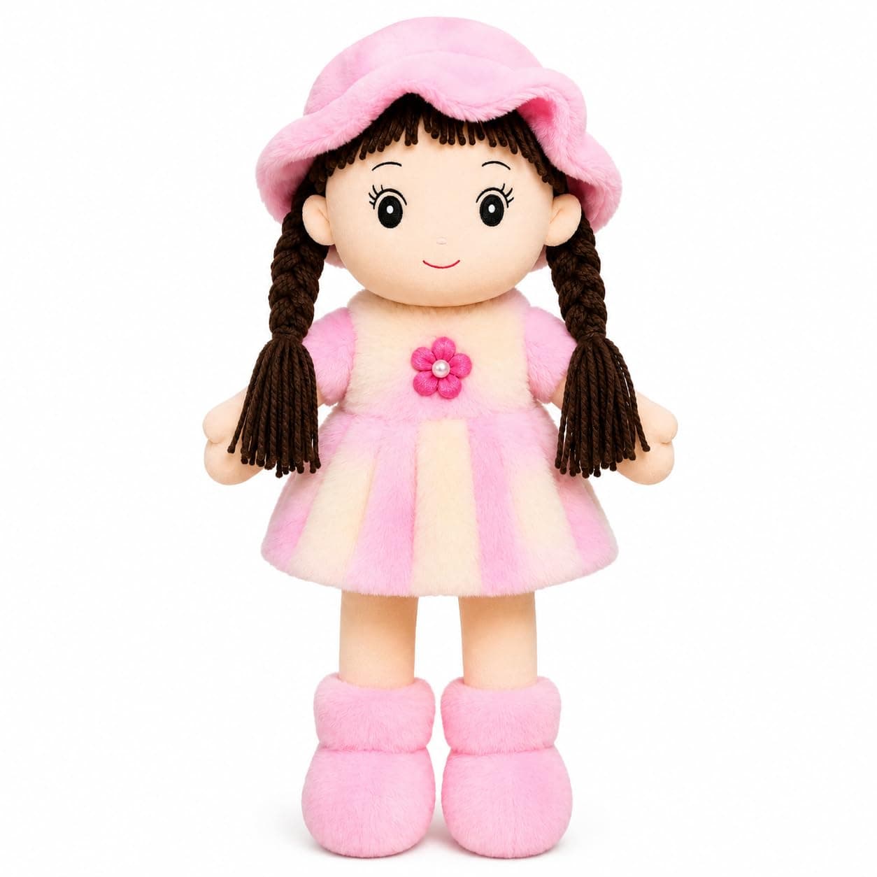 Coolet Soft Plush Doll for Kids | Cute Rag Doll with Braided Hair & Cap | Washable Stuffed Toy for Girls & Boys | Birthday Gift for Kids (Multicolor) (Multicolor Fur Doll 42 cm)