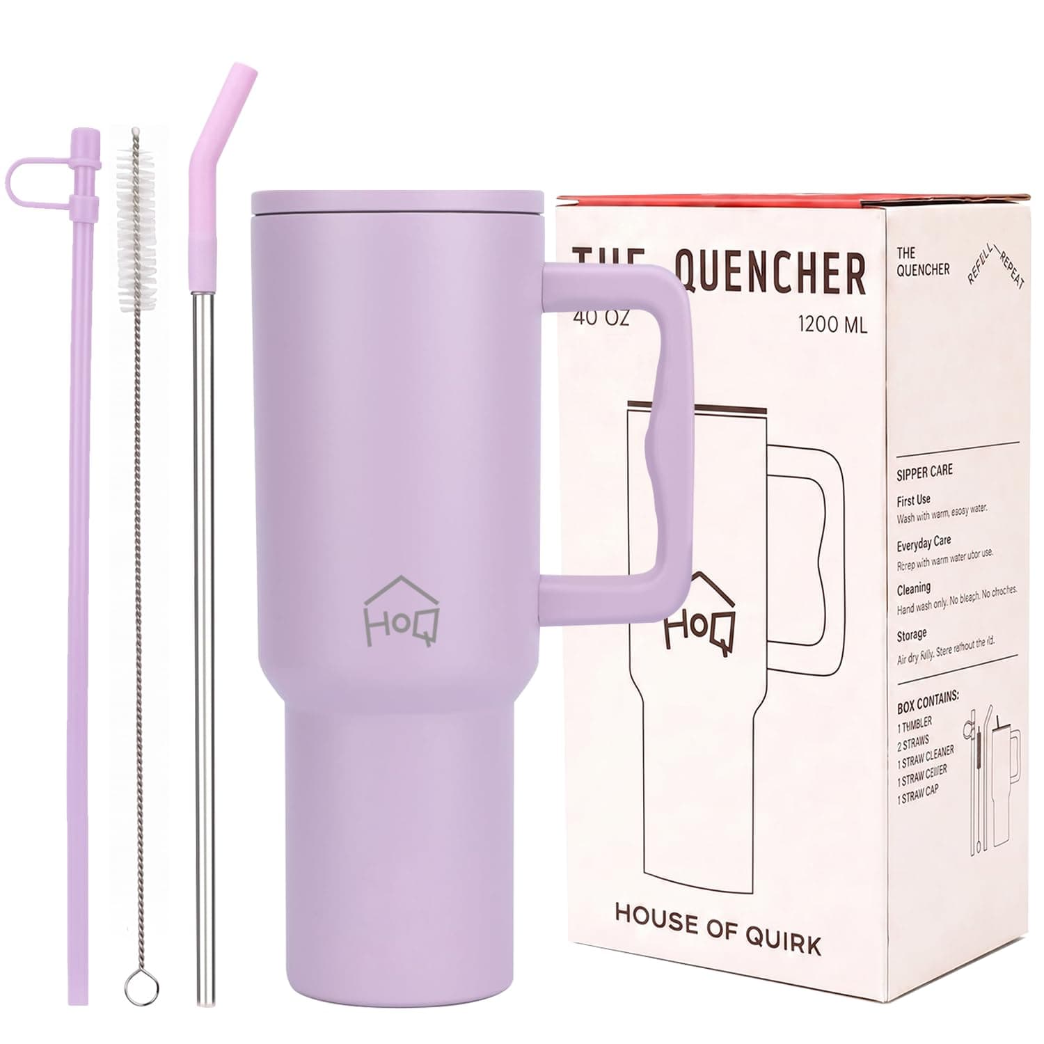 House of Quirk 1200ML Stainless Steel Tumbler with Handle & Lid, 2 Straws – Large Travel Mug Water Cup for Gym, Office & Outdoor Use (Lavender Mist)