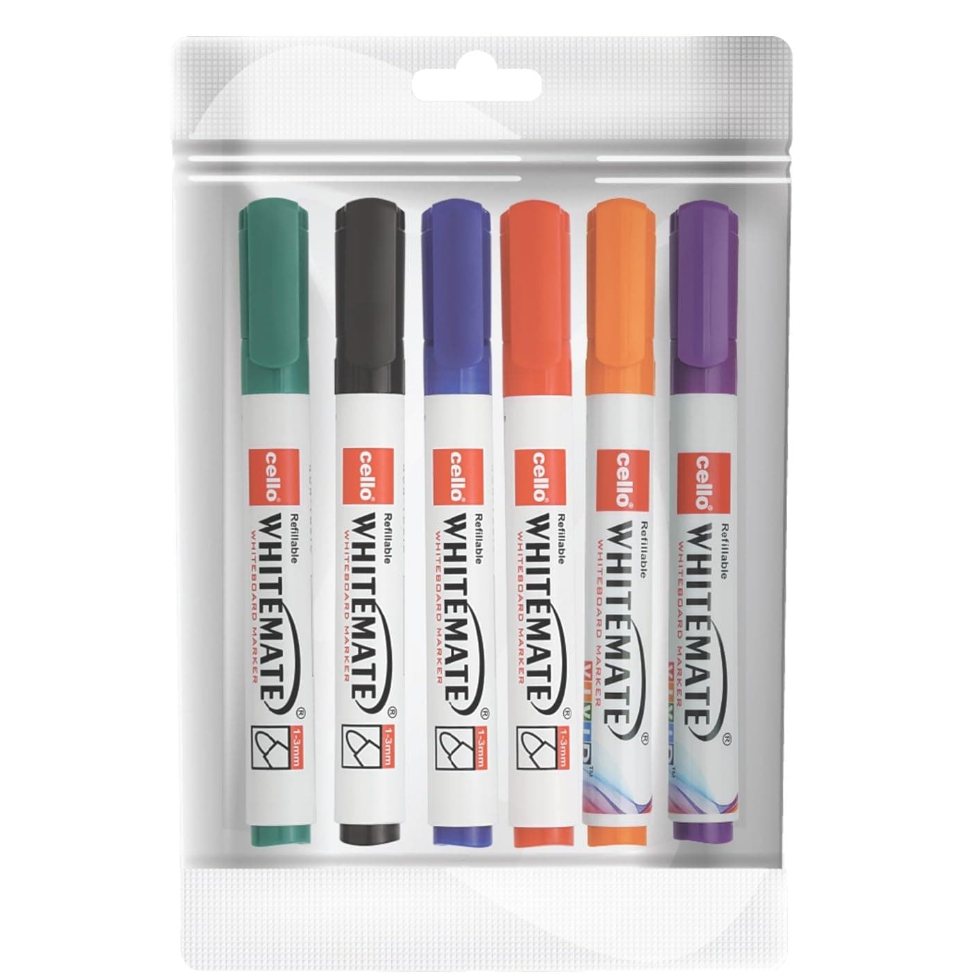 Cello Whitemate Whiteboard BoldMarkers | Set of 6 | Assorted Ink Colours | Whiteboard Marker with Easily Erasable Ink | Refillable Whiteboard Markers Markers