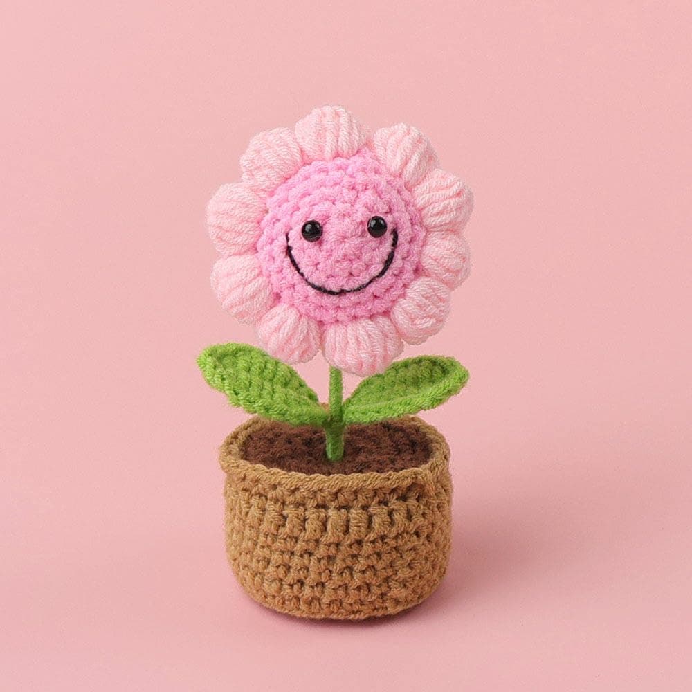 Vendola 14CM Height Handmade Crochet Smiling Flower Pot for Home & Office Decor, Cute Aesthetic Desk Showpiece, Positive Vibes Table Decor, Thoughtful Gift for Friends & Loved Ones (Joy Bloom Pink)