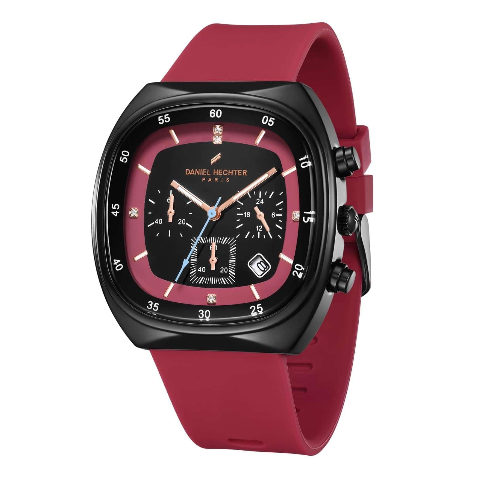 Daniel Hechter Paris Bercy Collection Modern Multi Functional Watch for Men with Square Dial and Silicon Band-DHM1001 (Dial: Black Strap: Red)